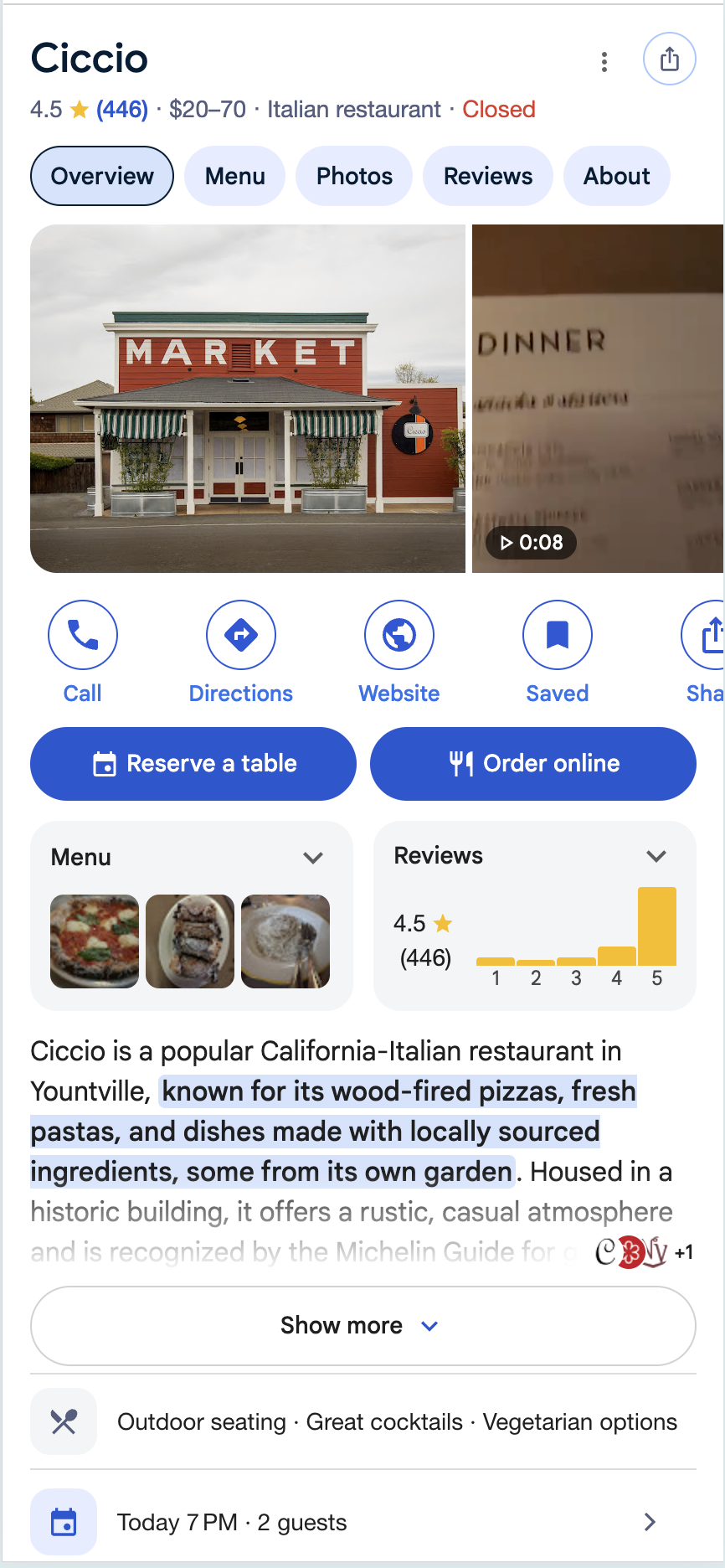 Google local Place card for a restaurant